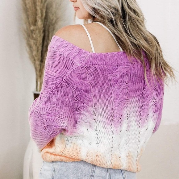 Lilac Orange Colorful Off the Shoulder Cable Knit Sweater - Picture 5 of 6
